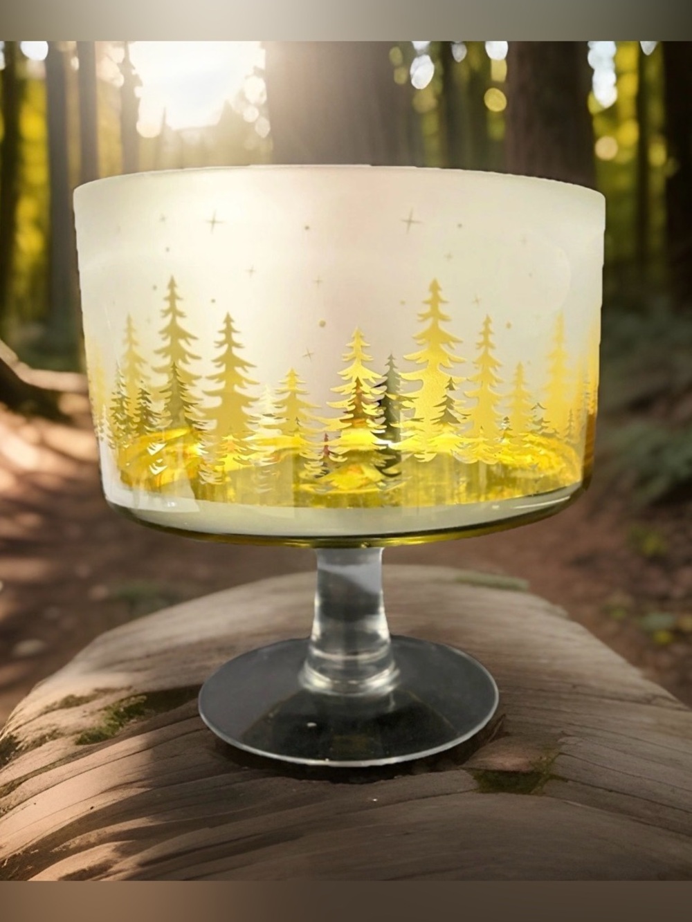 Trifle Bowl Christmas Gold Frosted Glass Pine Tree Forest Holiday Centerpiece 7"